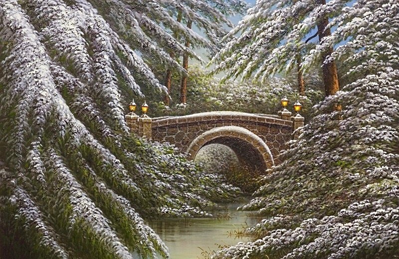 зима снежная - лес, снег, парк, пейзаж, зима, река, мост - оригинал