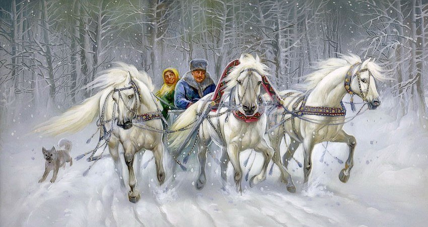 Тройка - федоскинская роспись, зима, лошади - оригинал