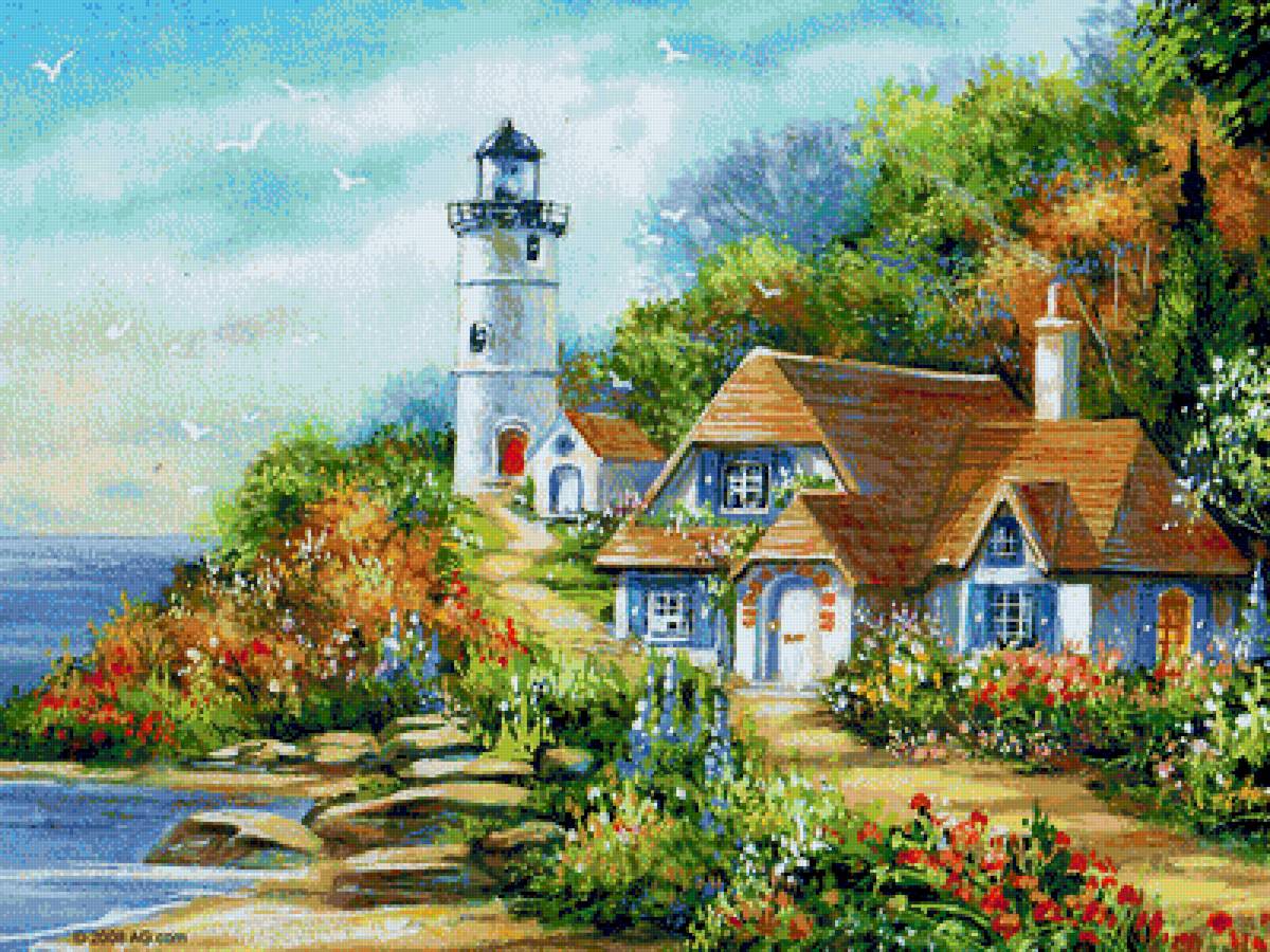 Дом на берегу - берег, маяк, дом - предпросмотр