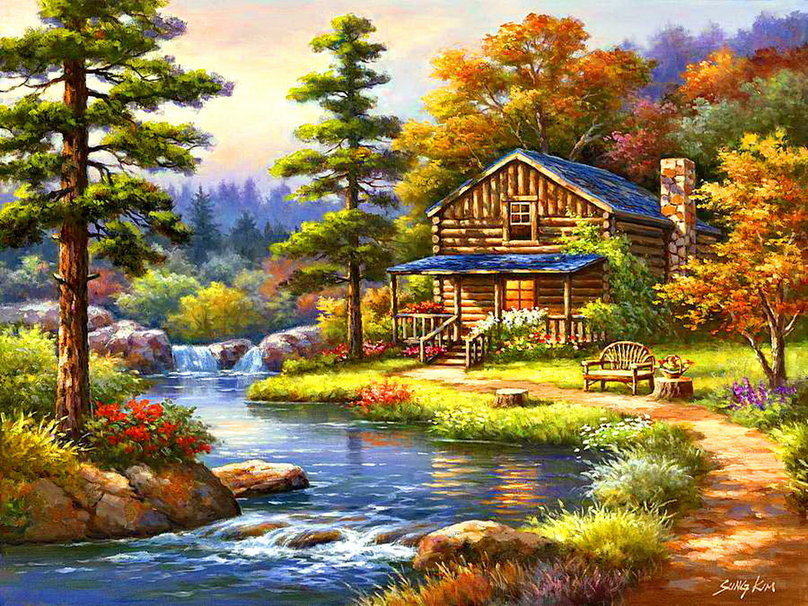 Домик у горной реки - река, дом, природа, осень - оригинал
