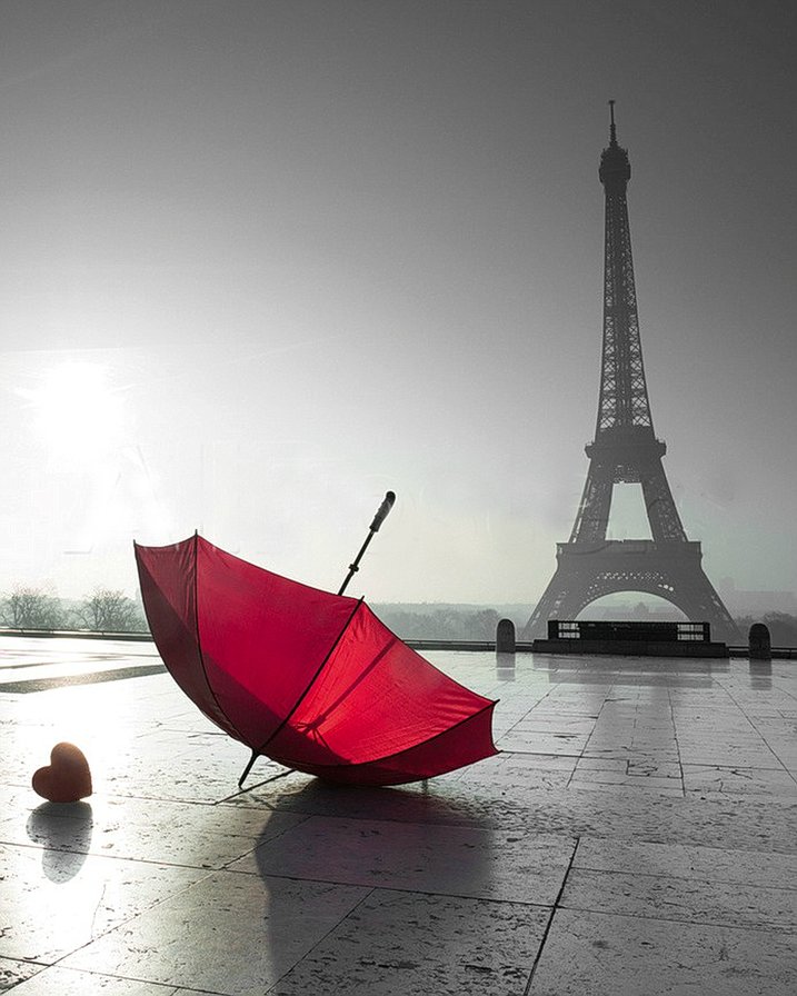 Красный зонтик - париж, зонтик, черно-белое, монохром, романтика, сердечко, зонт - оригинал