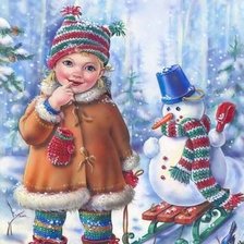 Оригинал схемы вышивки «девочка и снеговик» (№1363237)