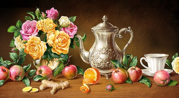 Натюрморт - яблоки, чай, фрукты, розы, чайник, натюрморт, цветы - оригинал