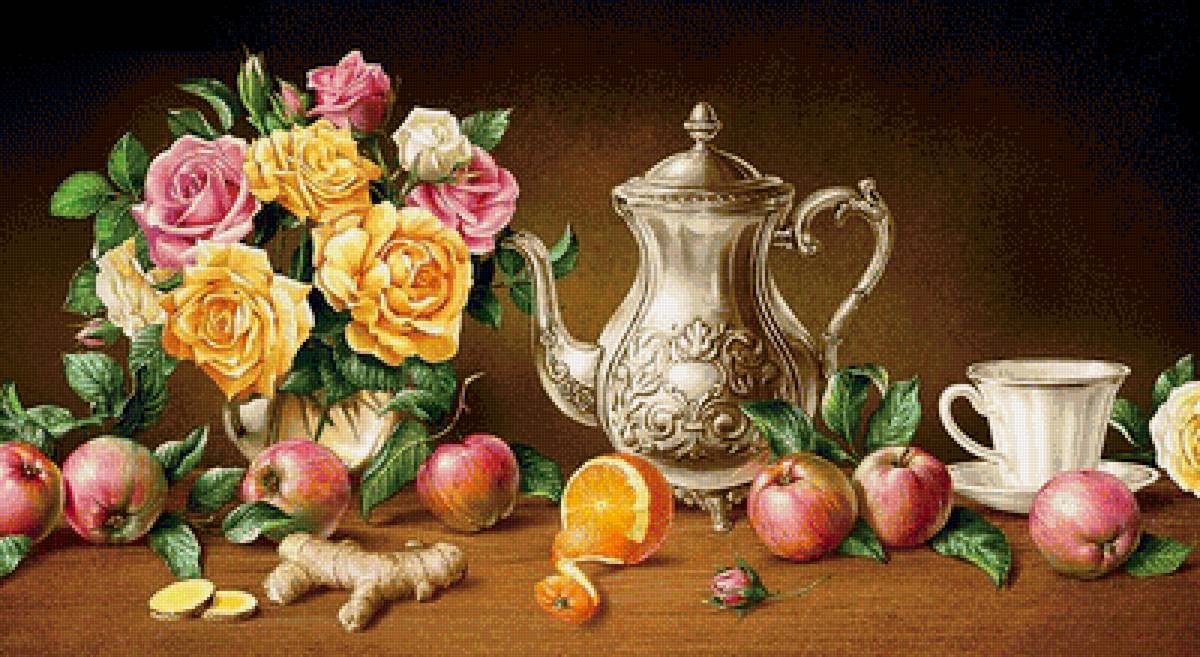 Натюрморт - розы, натюрморт, чай, цветы, фрукты, яблоки, чайник - предпросмотр