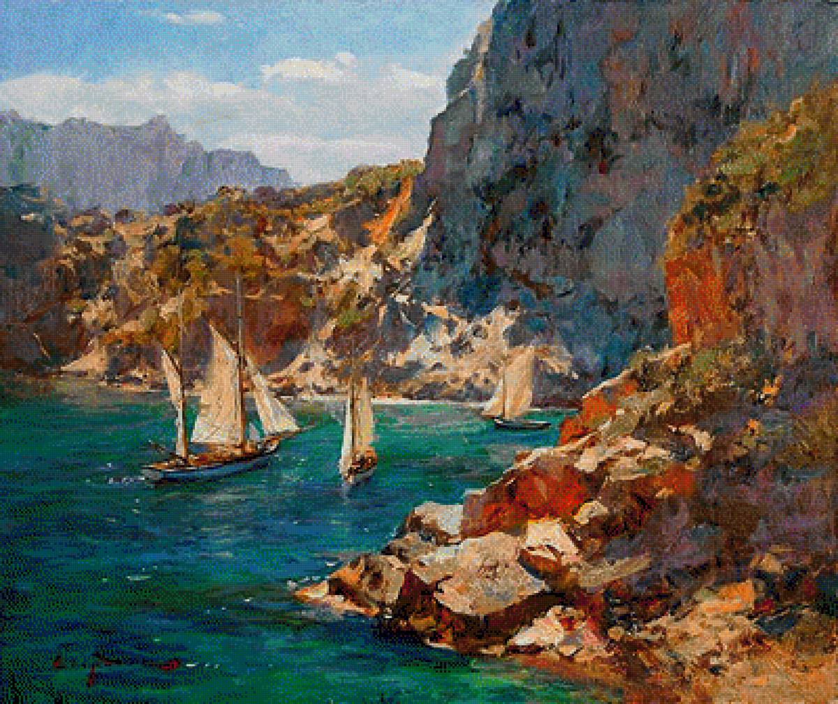 картина Сергея Свиридова - парусник, лето, море, горы, корабль - предпросмотр