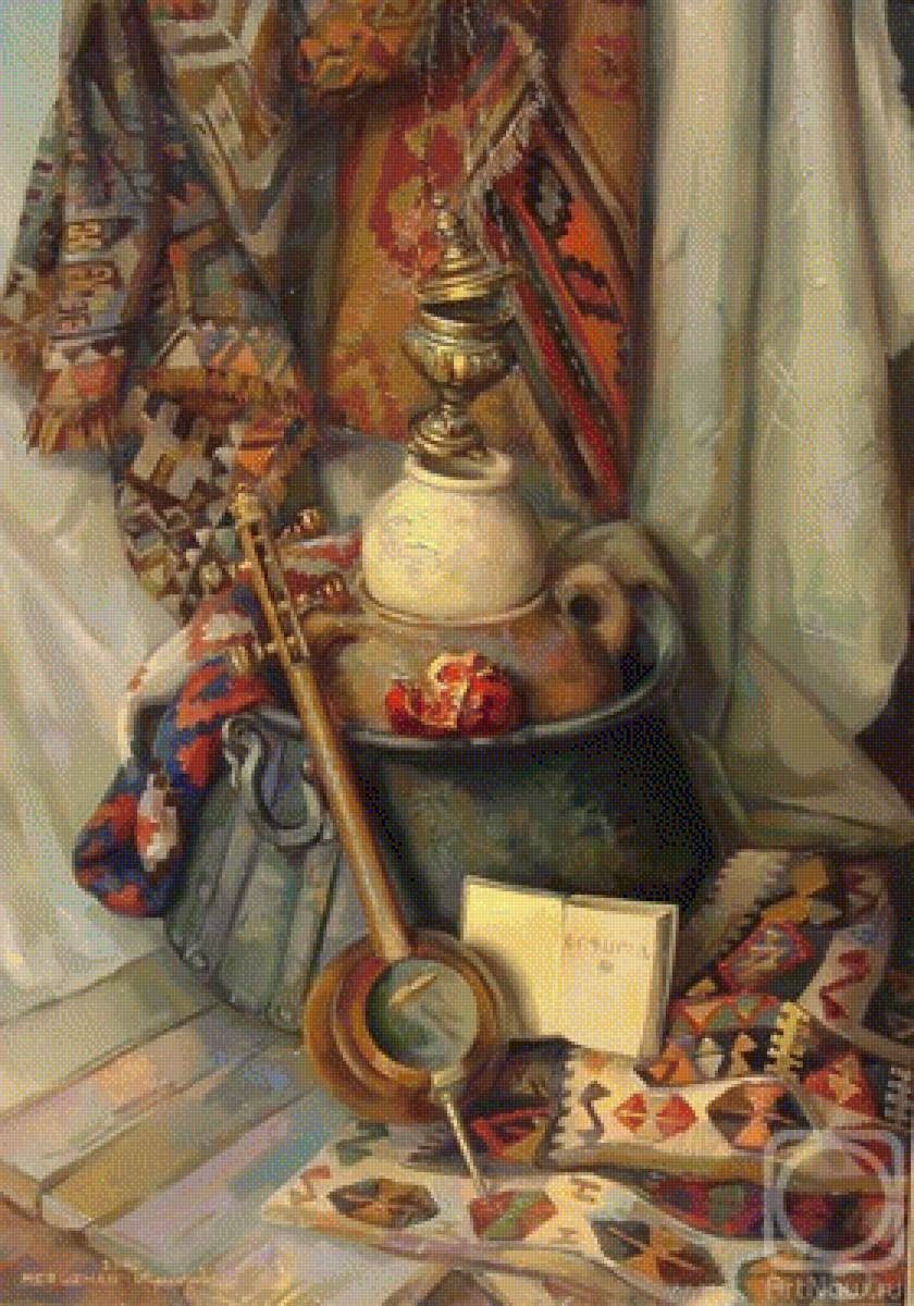 картина Хачатряна Меружана - натюрморт, кувшин, гранат, муз инструмент, еда - предпросмотр
