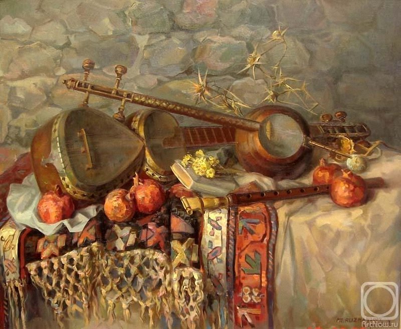 восточные инструменты в живописи - фрукты, осень, муз инструменты, гранат - оригинал