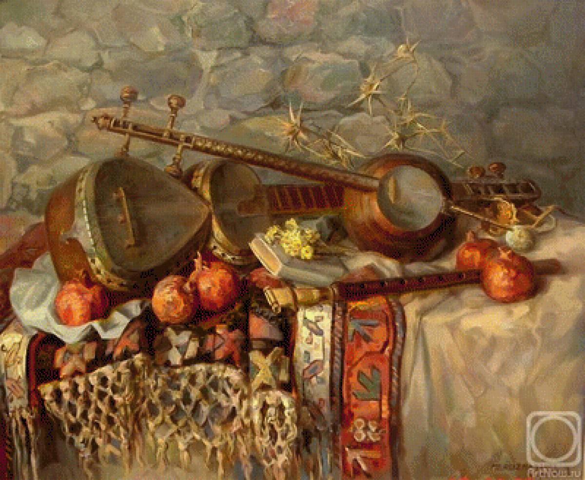 восточные инструменты в живописи - гранат, муз инструменты, осень, фрукты - предпросмотр