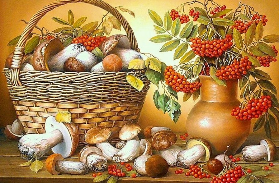 осенние дары - натюрморт, грибы, корзина, рябина, ягоды - оригинал