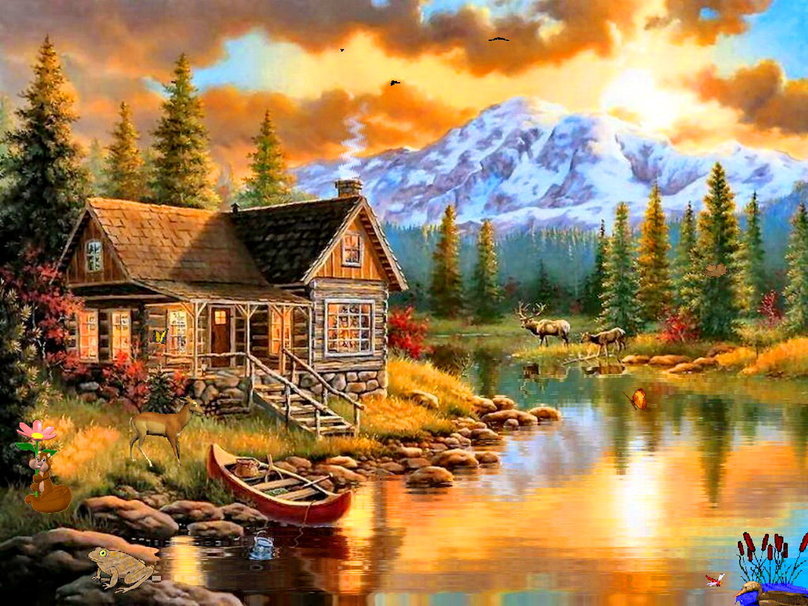 охотничий домик - природа, речка, красота, лето, пейзаж, деревья - оригинал