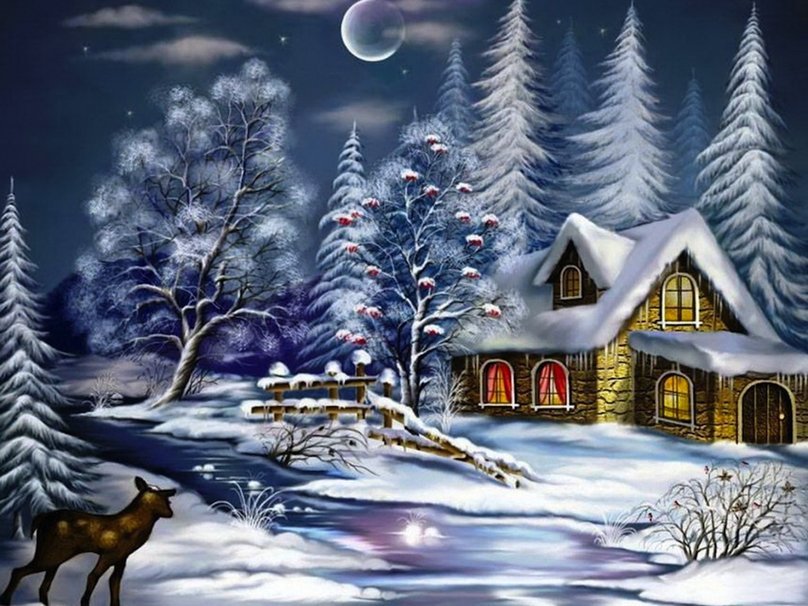 зимний вечер - природа, дом, рождество, зима, пейзаж, ночь - оригинал