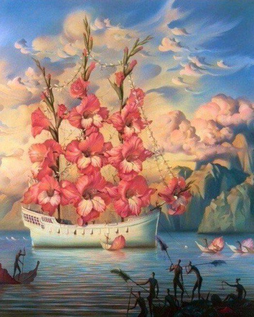 Цветущий корабль - цветы, фантазия, море, паруса, корабль - оригинал
