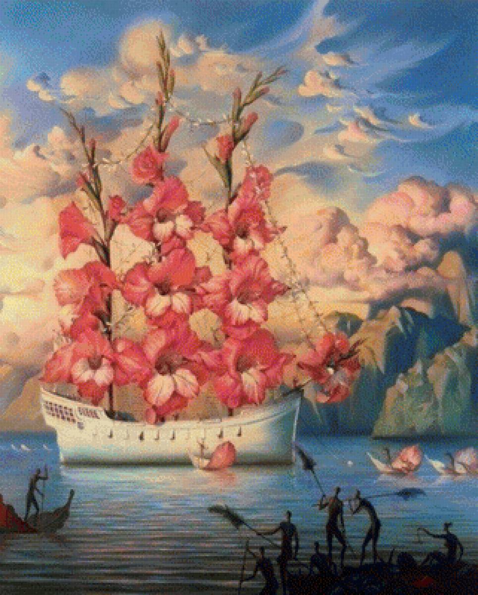 Цветущий корабль - паруса, фантазия, корабль, цветы, море - предпросмотр