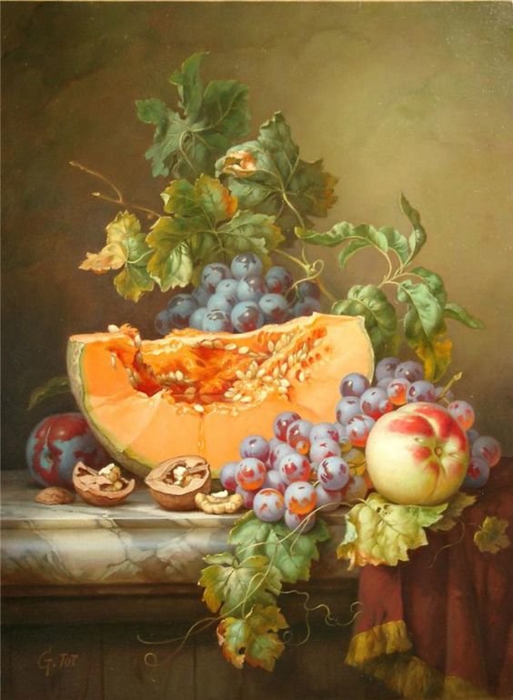 натюрморт - ягоды, еда, натюрморт, виноград, фрукты, яблоки, дыня, персик - оригинал