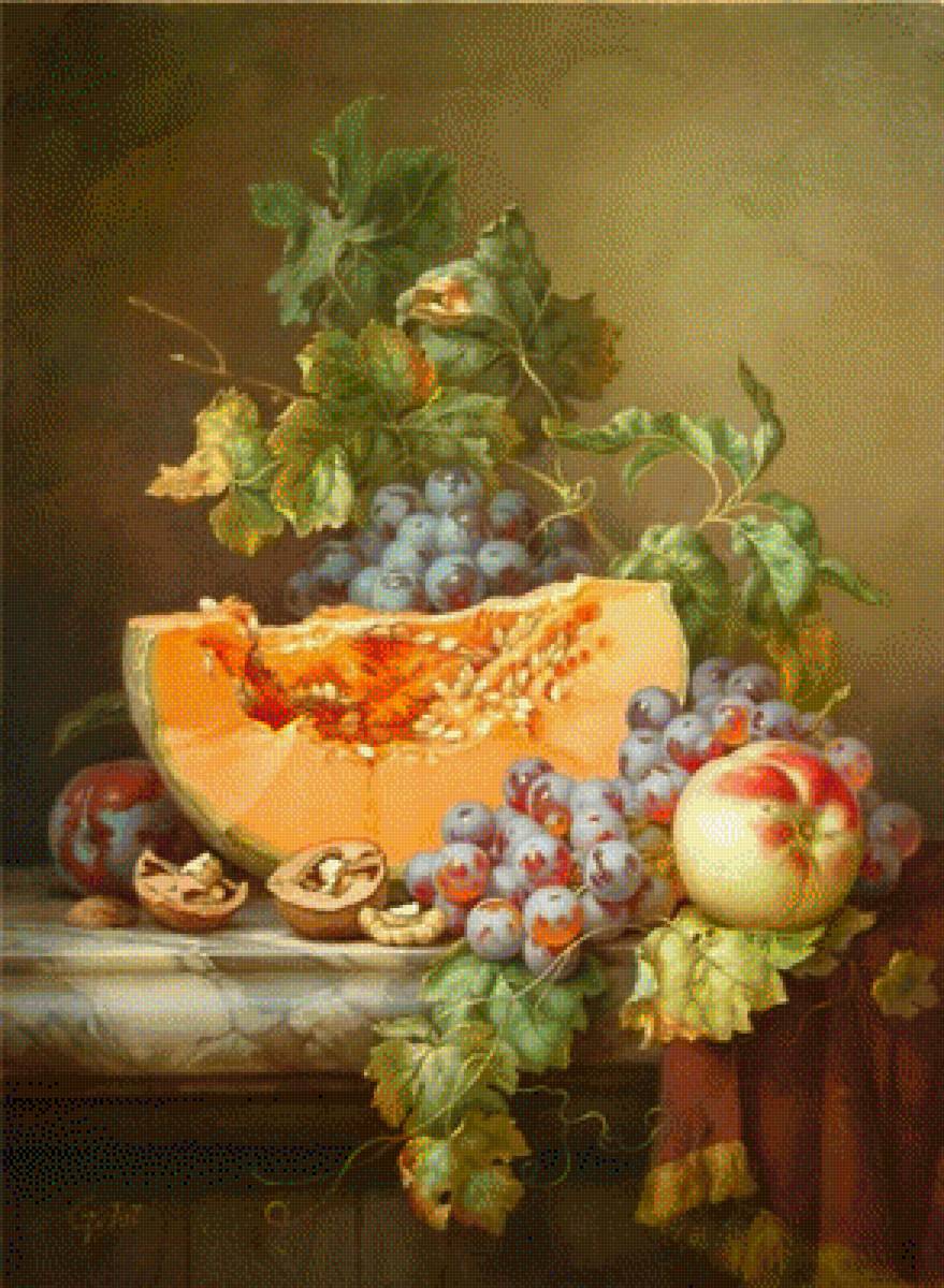 натюрморт - ягоды, виноград, персик, еда, дыня, яблоки, натюрморт, фрукты - предпросмотр