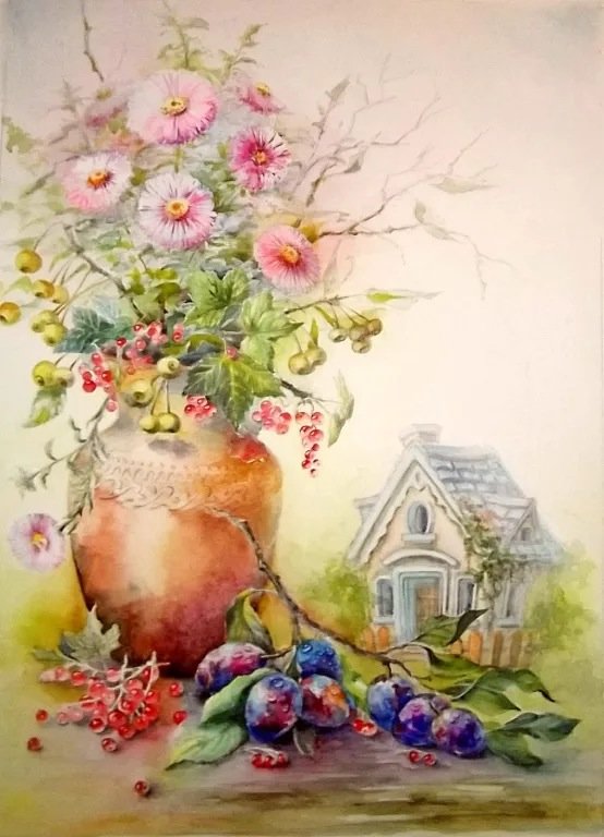 дом в саду - дом, лето, ваза с цветами - оригинал