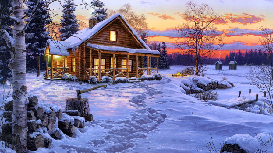 зимний дом - зима, снег, сиреневое - оригинал