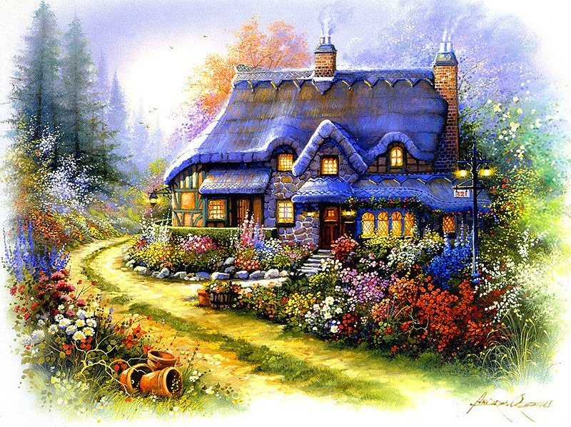 дом в цветах - природа, пейзаж, картина - оригинал