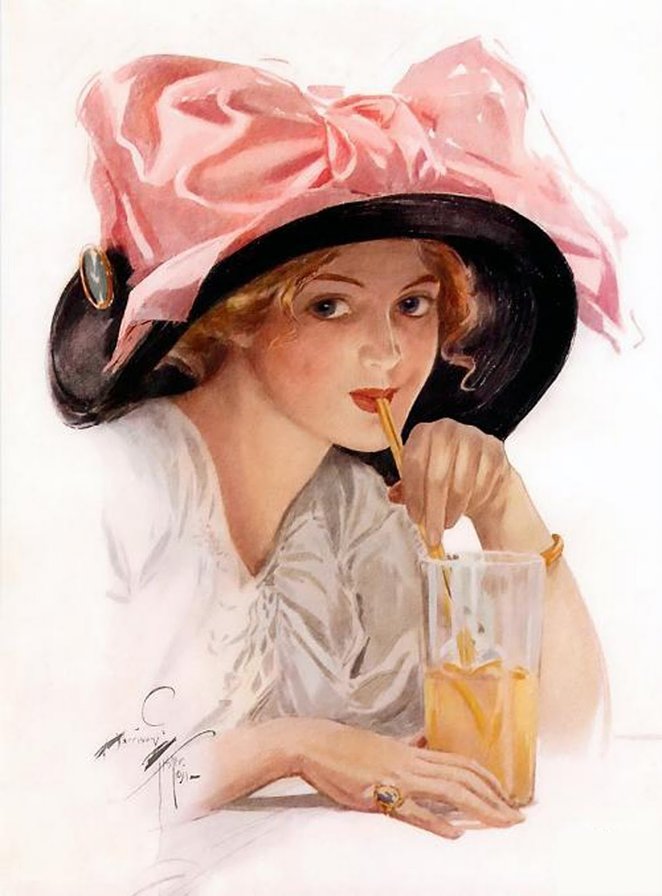 "Розовый бант" Харрисон Фишер - фишер, розовый бант, девушка, черная шляпа - оригинал