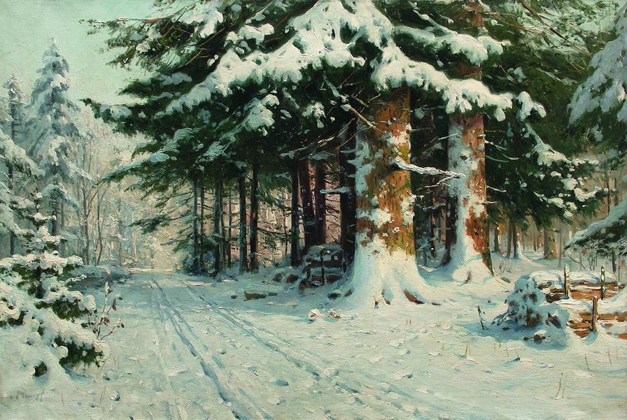 Зимний день в лесу по картине А.Шильдера - снег, зима, дорога, лес - оригинал