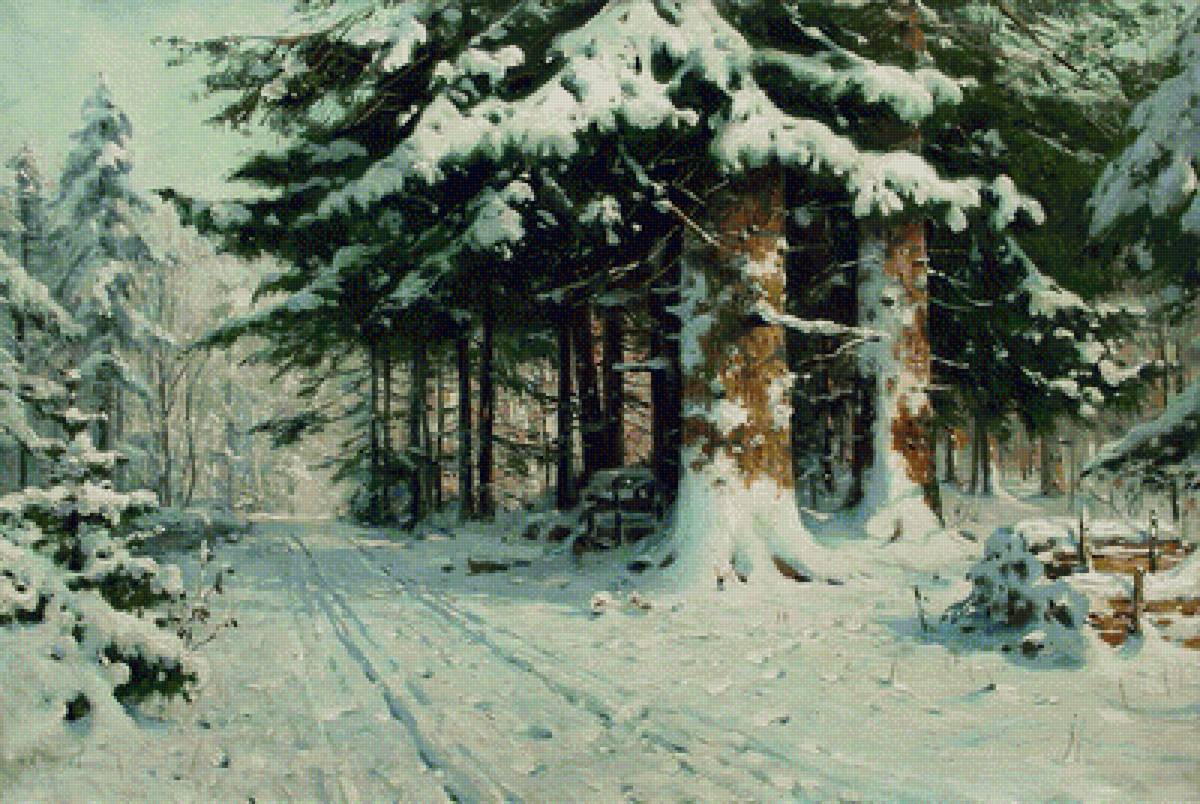 Зимний день в лесу по картине А.Шильдера - лес, зима, снег, дорога - предпросмотр