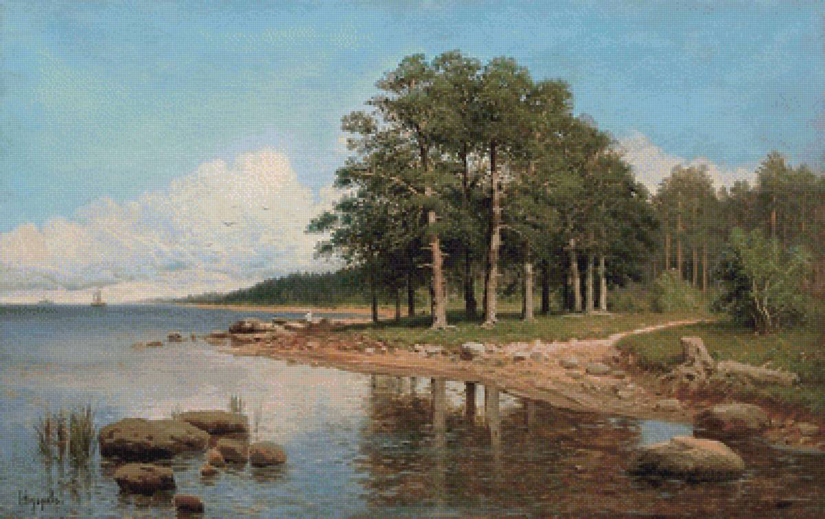 Берег озера по картине Федорова С.Ф. - озеро, лес, природа - предпросмотр