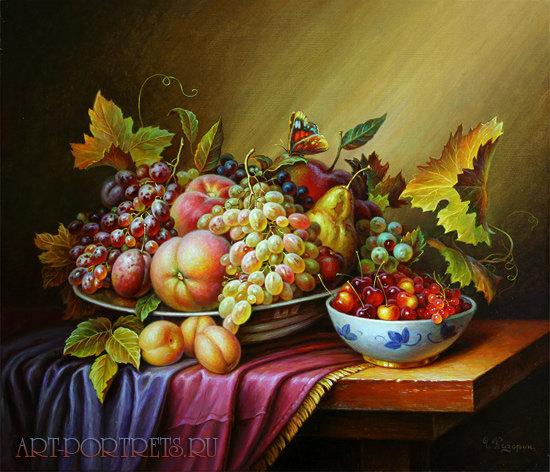 Натюрморт 02 - груши, виноград, персики, черешня, бабочка, натюрморт - оригинал