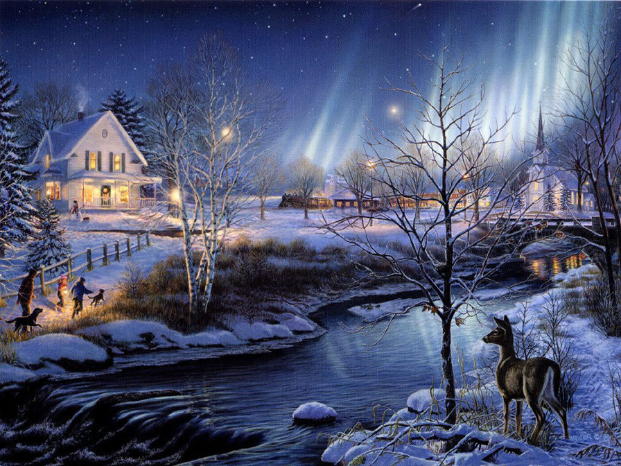звездная ночь - уют, зима, олень, звезды, ночь, река - оригинал