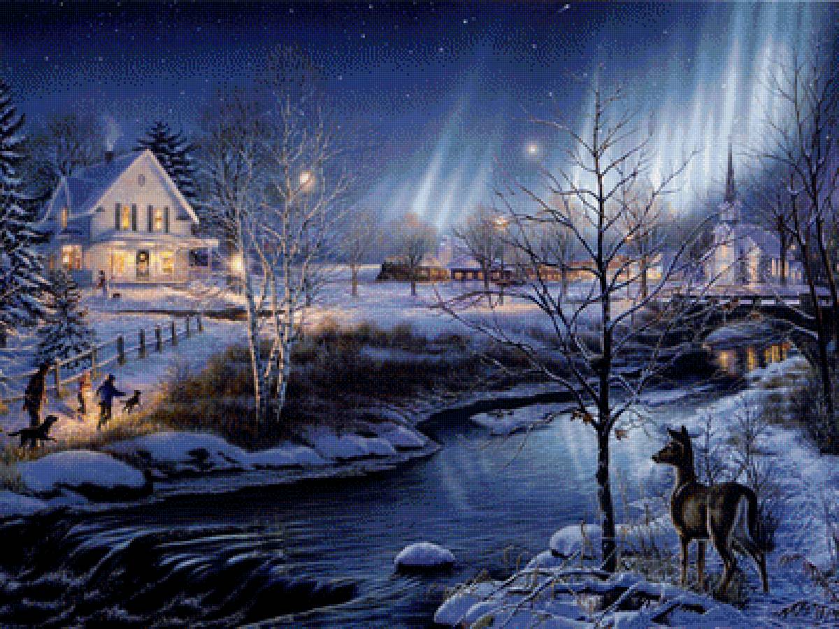 звездная ночь - ночь, олень, уют, река, звезды, зима - предпросмотр