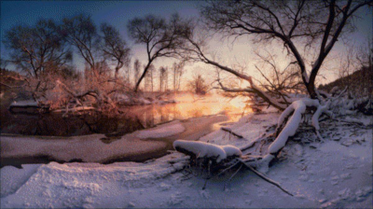 Солнечная речка - деревья, зима, солнце, река - предпросмотр