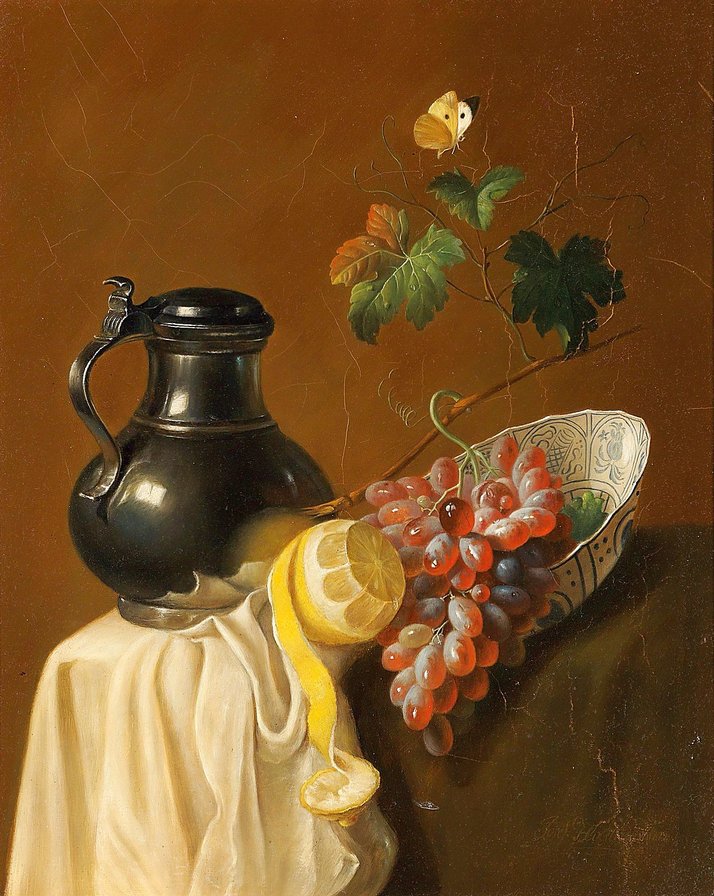 Худ. Йозеф Хольстейн. Натюрморт с лимоном, виноградом и бабочкой - виноград, бабочка, живопись., лимон, натюрморт - оригинал
