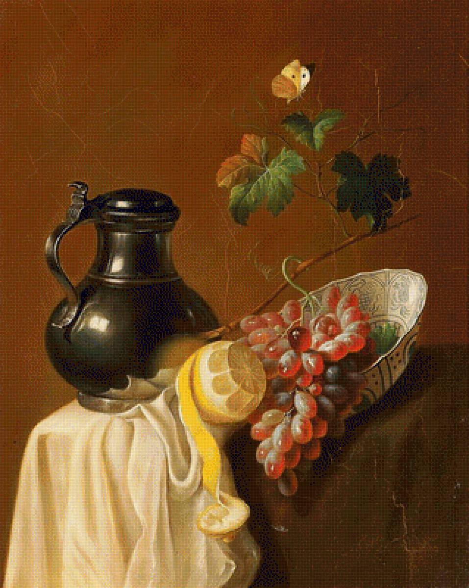 Худ. Йозеф Хольстейн. Натюрморт с лимоном, виноградом и бабочкой - натюрморт, лимон, виноград, живопись., бабочка - предпросмотр