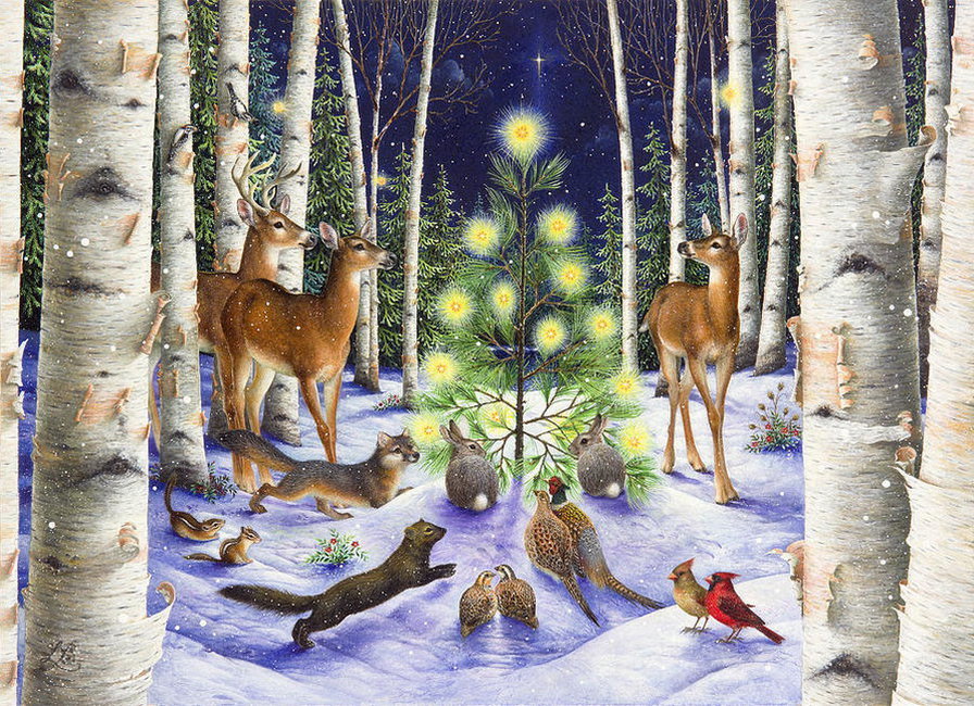 зимняя сказка - зима, лес, сказка, пейзаж, животные, детское - оригинал