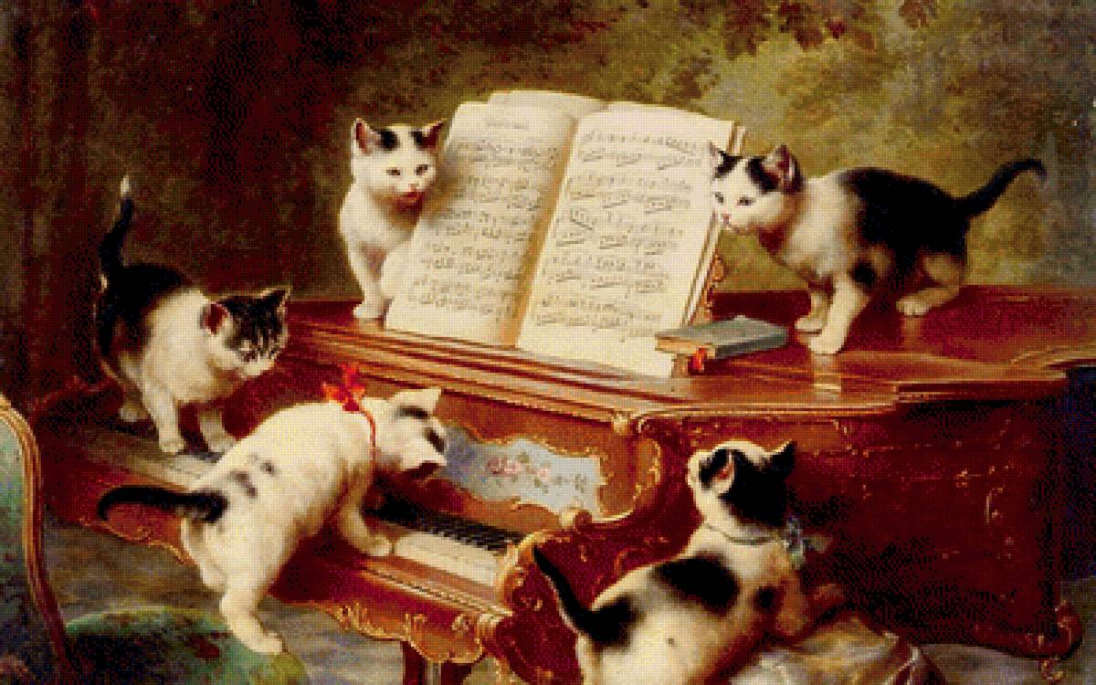 Котята - пианино, ноты, котята, картина - предпросмотр