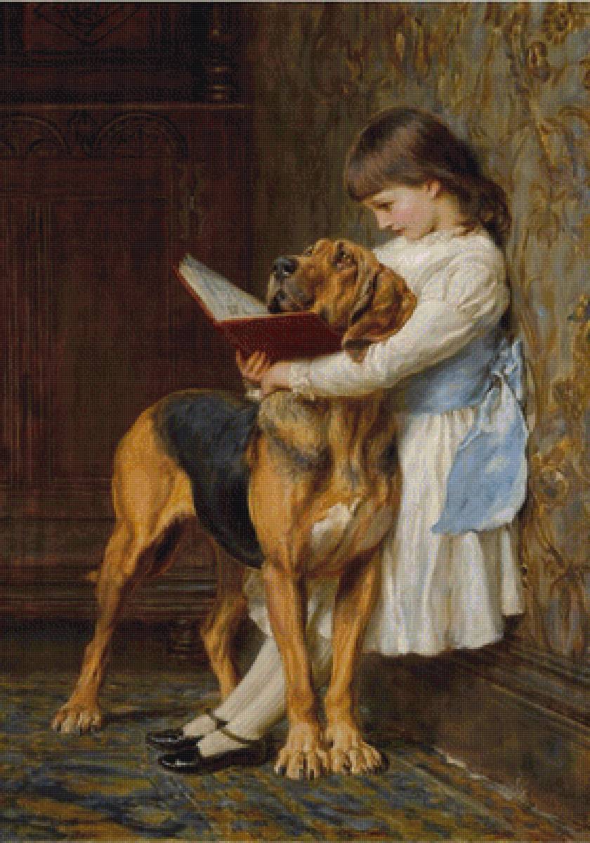 Чтение урока (художник Брайтон Ривьер) - девочка, животные, собака, картины, дети, люди - предпросмотр