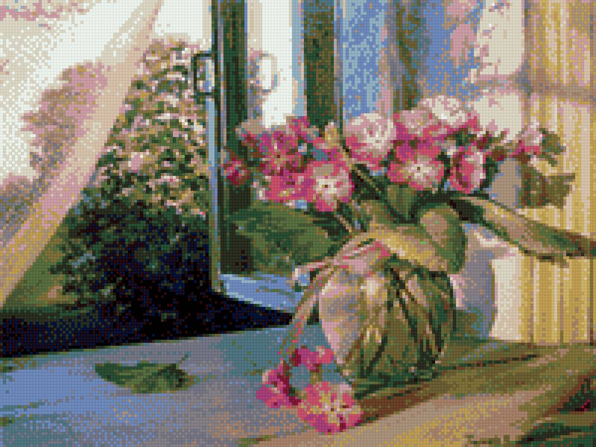 Летний ветерок - цветы на подоконнике, лето, окно - предпросмотр