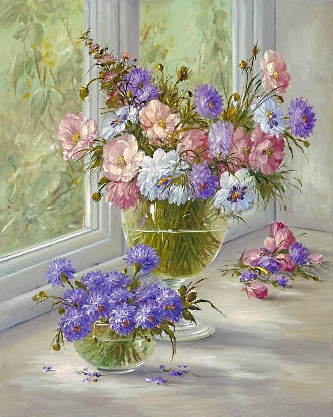 нежные цветы - белые цветы, синие цветы, васильки, астры, розовые цветы, букет - оригинал