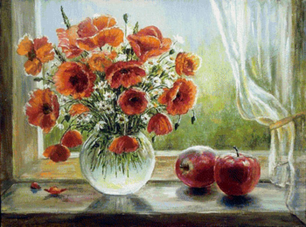 Букет маков и яблоки - цветы на окне, лето, цветы в вазе, букет, яблоки, окно, маки - предпросмотр