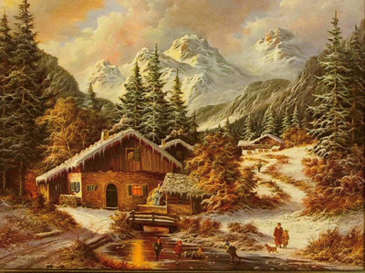 зима в горах - зима, пейзаж, картина - предпросмотр