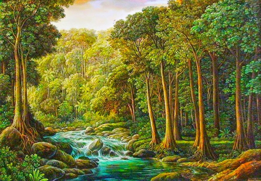 лесной ручей - живопись, пейзаж, лес, природа - оригинал