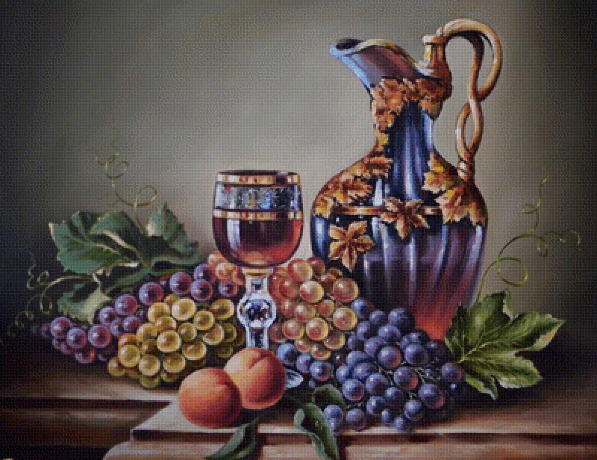 натюрморт - виноград, кувшин, бокал, фрукты - предпросмотр
