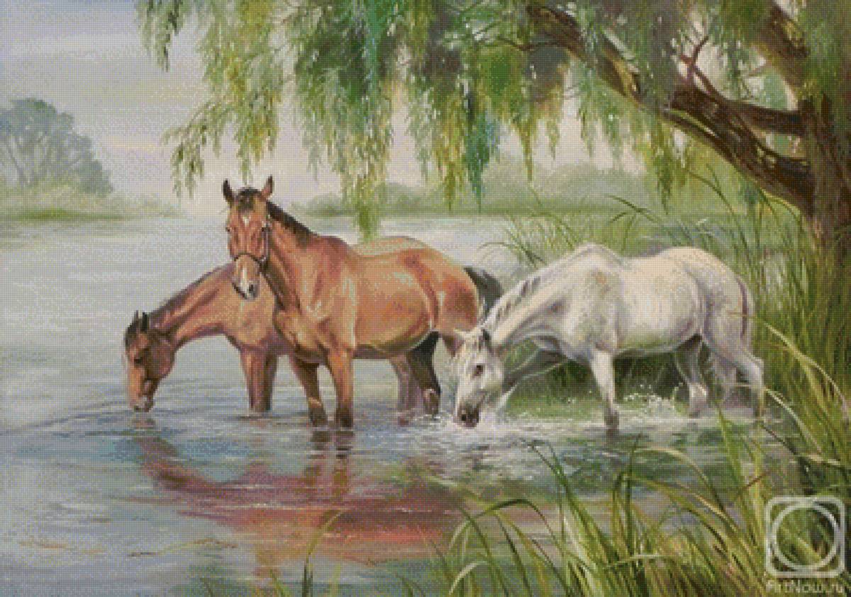 Лошади - природа, лошади, картина, живопись, животные - предпросмотр
