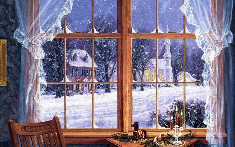 зимний вечер в окошке - окно, зима, вечер - оригинал