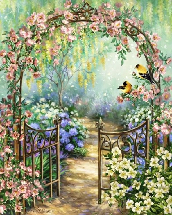 райский уголок - пейзаж, птицы, цветы, природа - оригинал