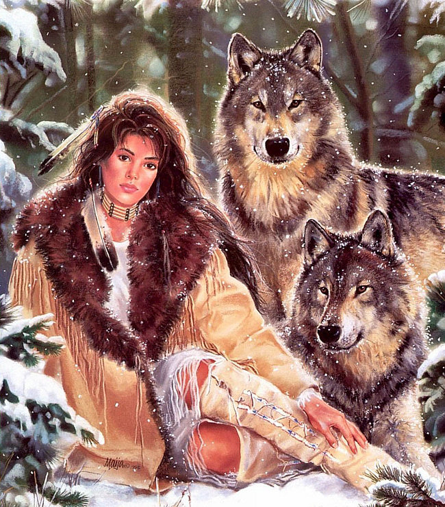 индейцы25 - индейцы, девушка, зима, волки - оригинал