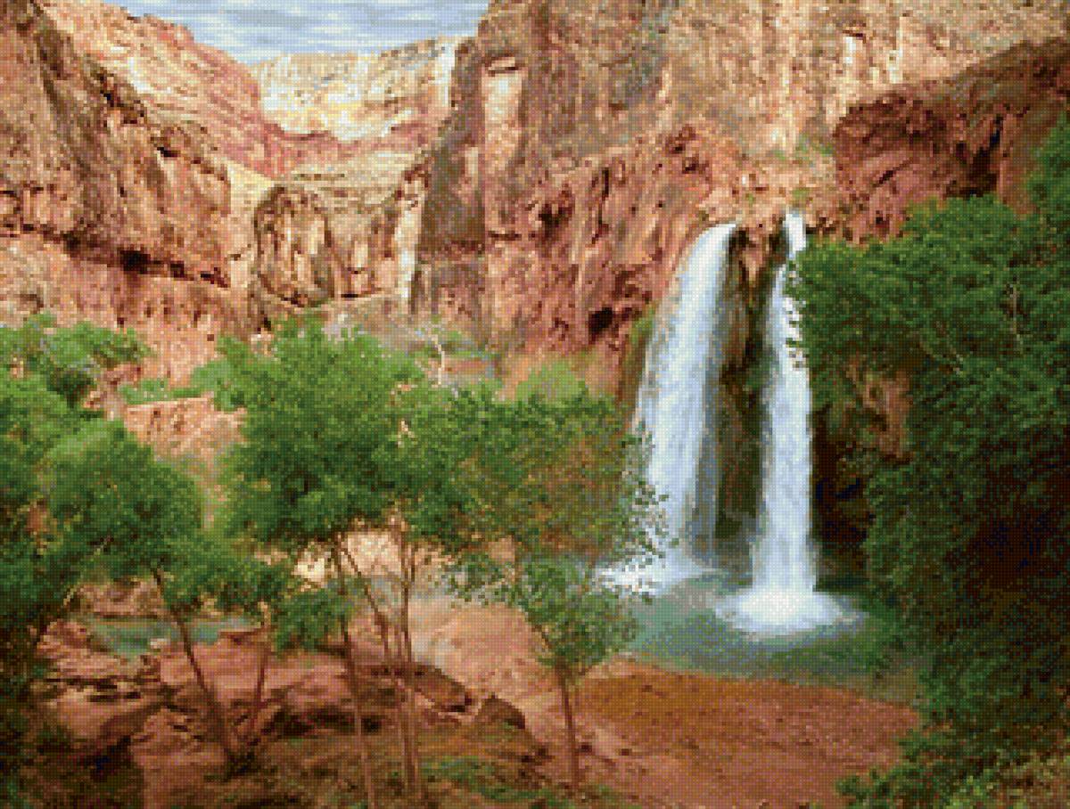 Водопад в горах - природа, водопад, живопись, вода, картина - предпросмотр