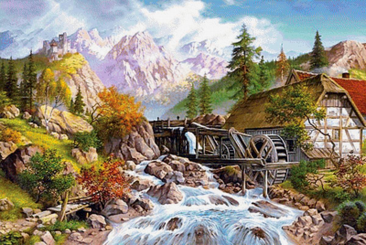 мельница в горах - природа, пейзаж, картина - предпросмотр