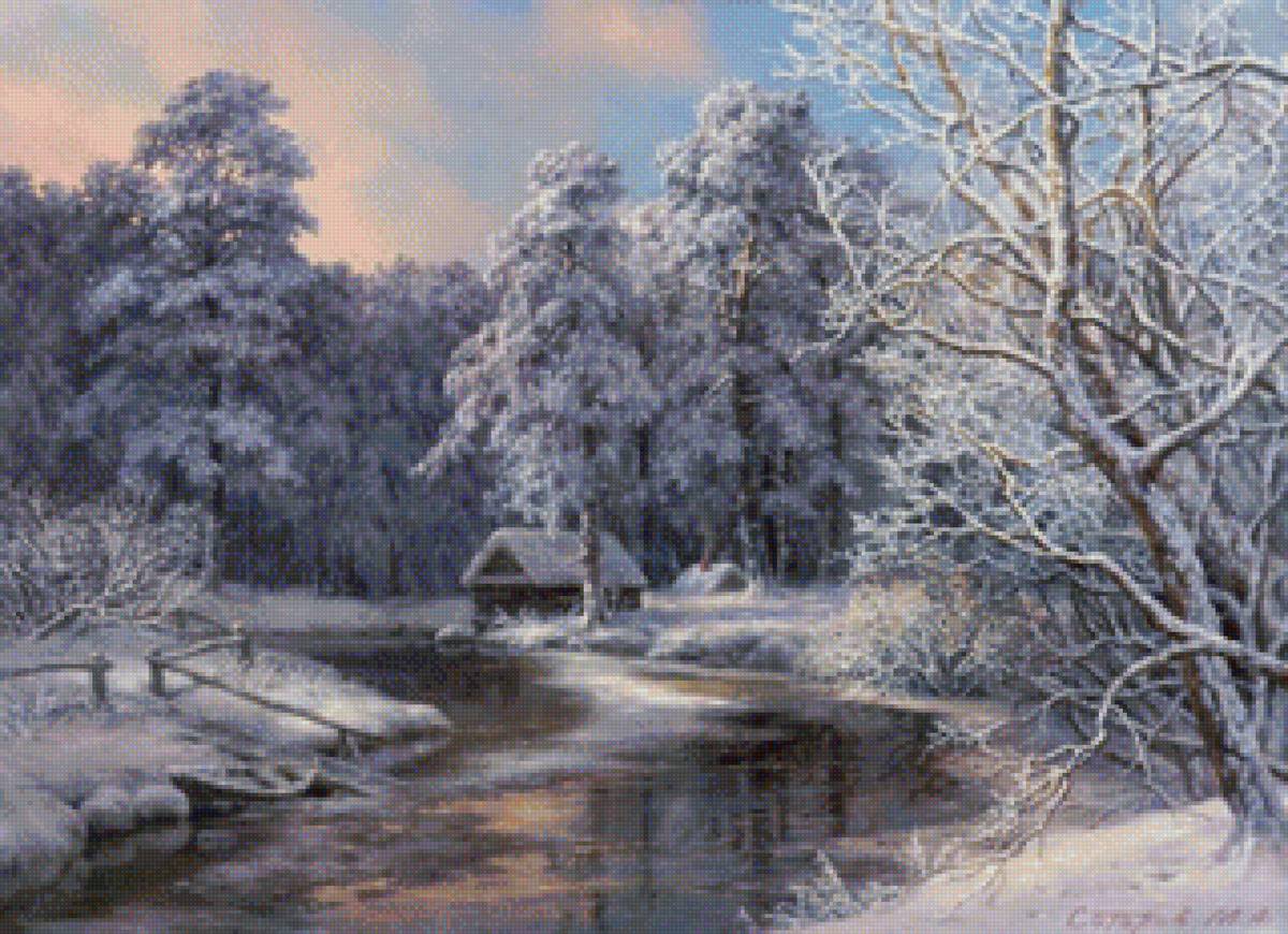 Зима - природа, живопись, зима, картина - предпросмотр