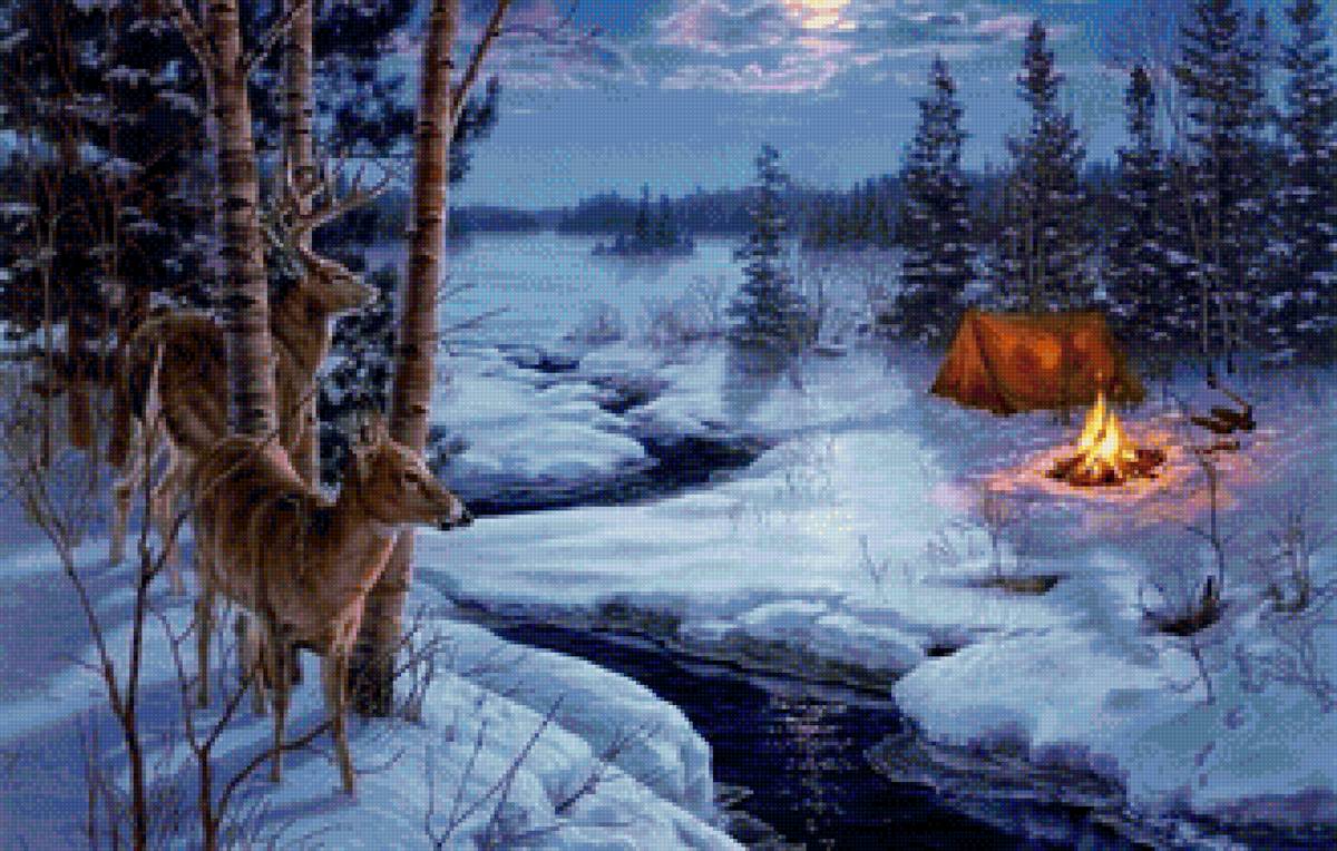Зима - живопись, картина, животные, зима, природа - предпросмотр