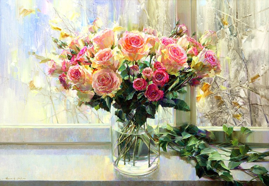 Розы в лучах солнца - букет, натюрморт, солнце, розы, окно, весна - оригинал